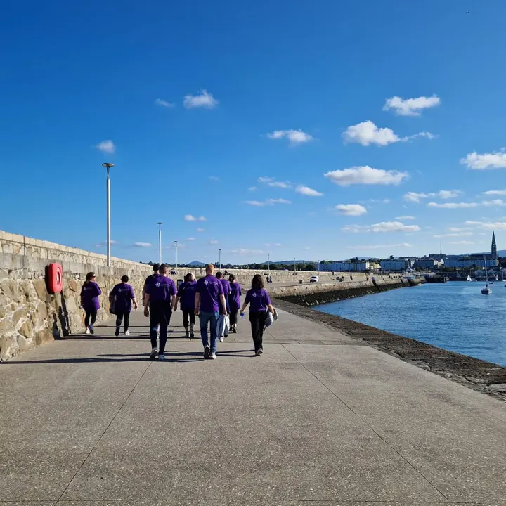 The team walking the pier in purple t-shirts