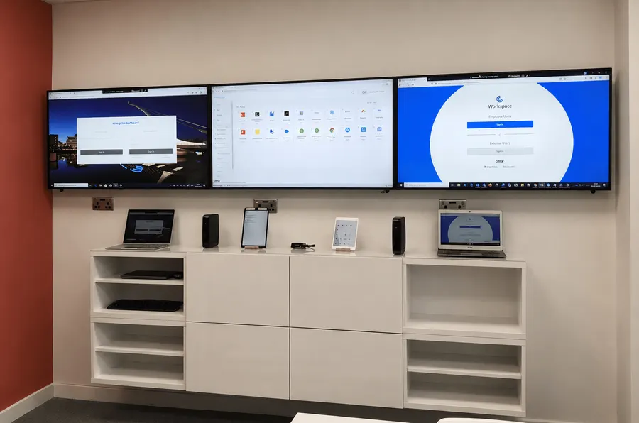 The Demo Centre with wall-mounted screens and end-user devices on display
